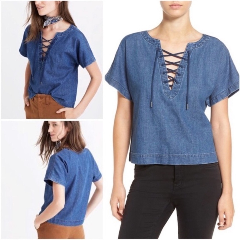 Madewell | Dark blue chambray tie front blouse with dolman sleeve Size Medium